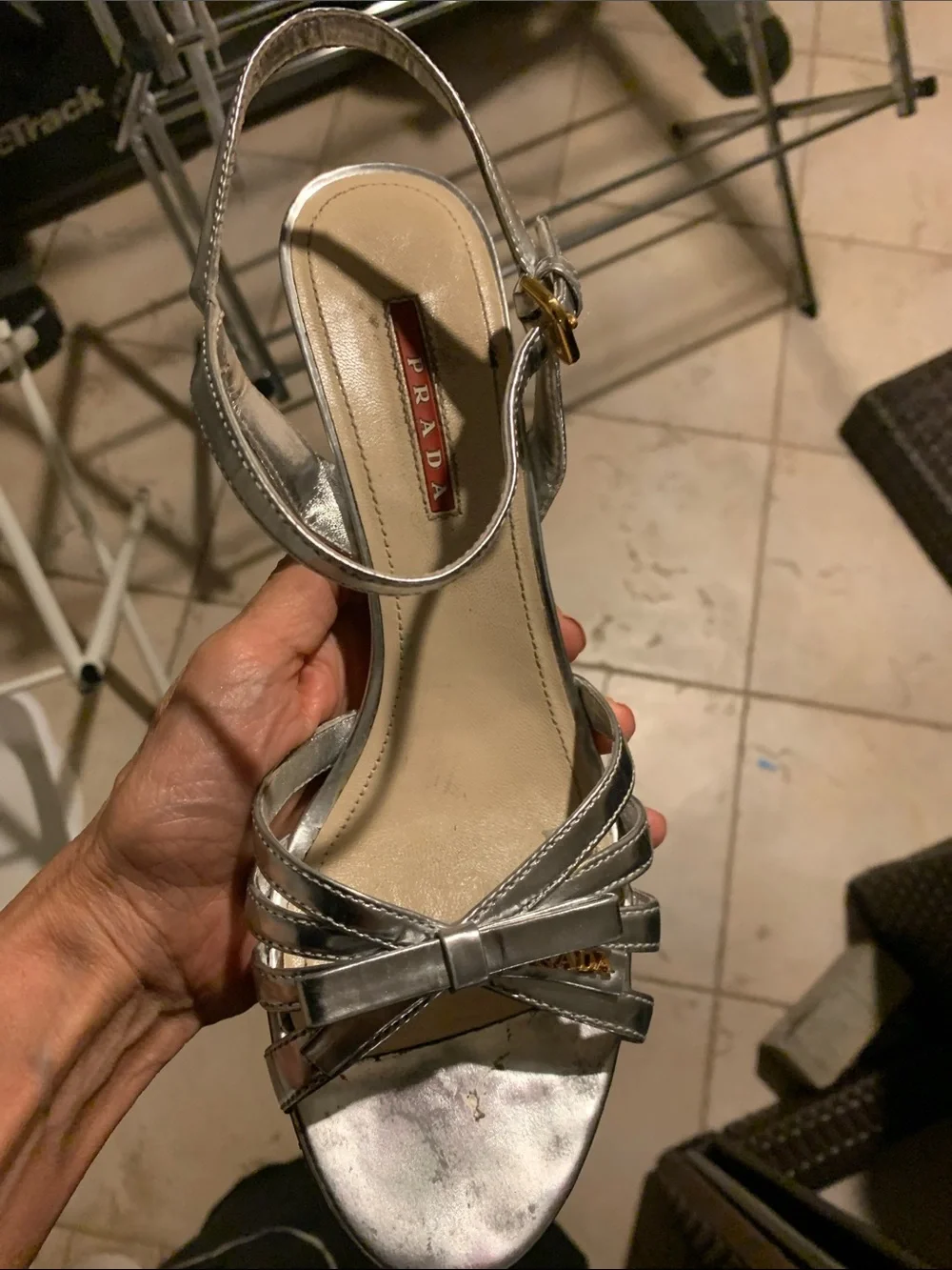 Prada Silver patten leatherDonna Bow cork wedge sandals